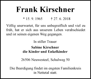 Traueranzeige von Frank Kirschner 