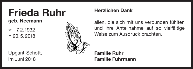 Traueranzeige für Frieda Ruhr vom 30.06.2018 aus 