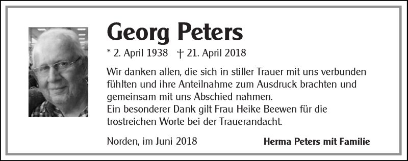  Traueranzeige für Georg Peters vom 09.06.2018 aus 