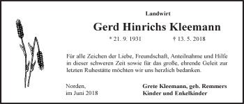 Traueranzeige von Gerd Hinrichs Kleemann 