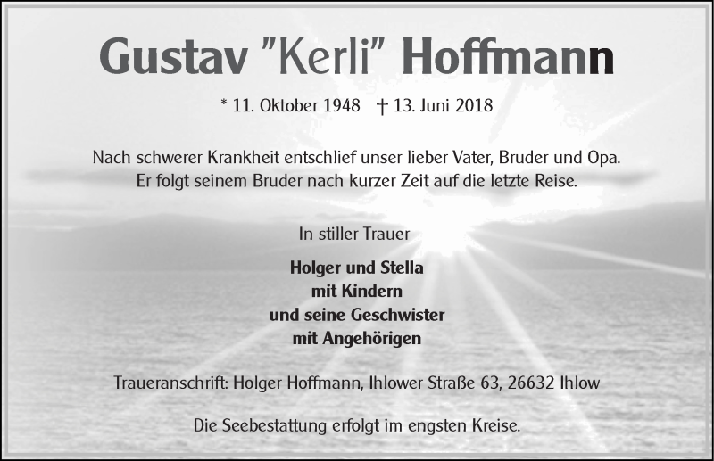  Traueranzeige für Gustav  Hoffmann vom 16.06.2018 aus 