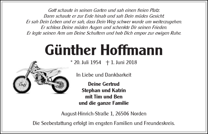  Traueranzeige für Günther Hoffmann vom 16.06.2018 aus 