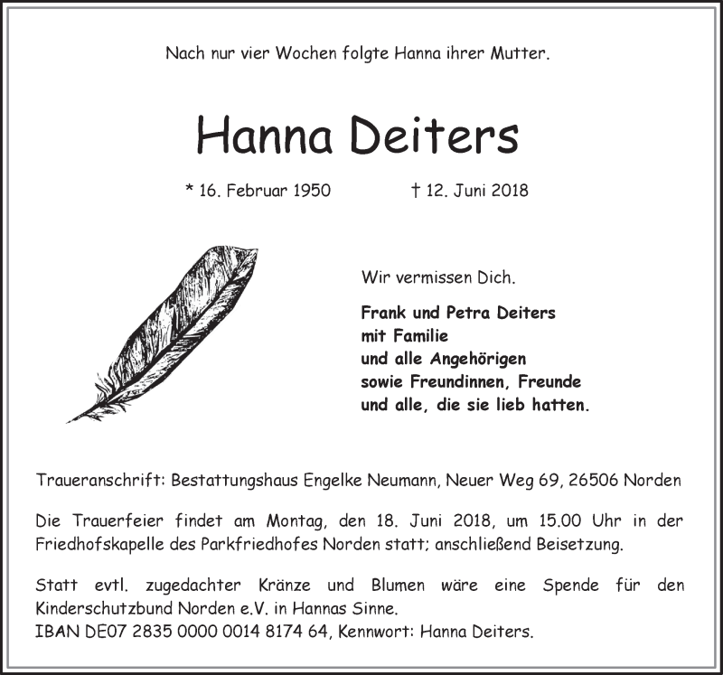  Traueranzeige für Hanna Deiters vom 16.06.2018 aus 