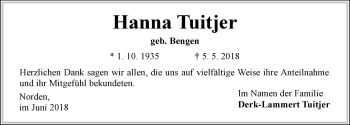 Traueranzeige von Hanna Tuitjer 