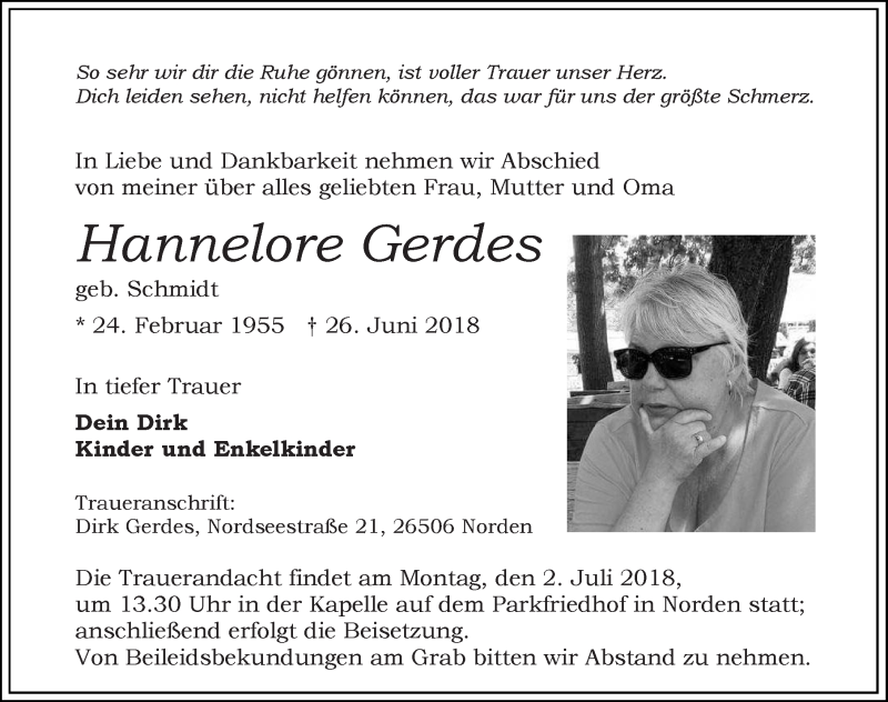  Traueranzeige für Hannelore Gerdes vom 30.06.2018 aus 