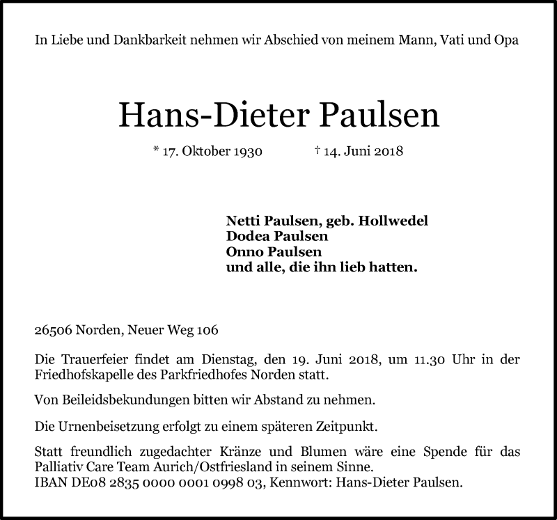  Traueranzeige für Hans-Dieter Paulsen vom 16.06.2018 aus 