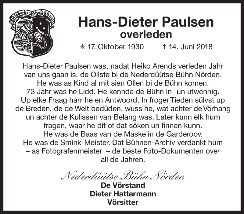 Traueranzeige für Hans-Dieter Paulsen vom 19.06.2018 aus 