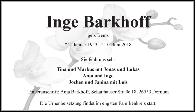  Traueranzeige für Inge Barkhoff vom 16.06.2018 aus 