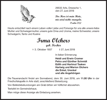 Traueranzeige von Irma Olchers 