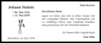 Traueranzeige von Johann Siebels 
