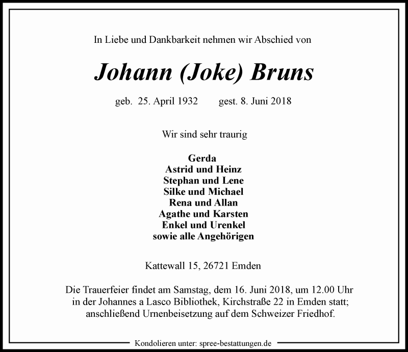  Traueranzeige für Johann Joke Bruns vom 12.06.2018 aus 