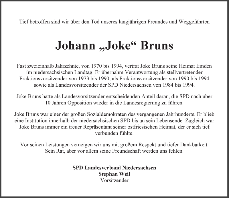  Traueranzeige für Johann Joke Bruns vom 13.06.2018 aus 