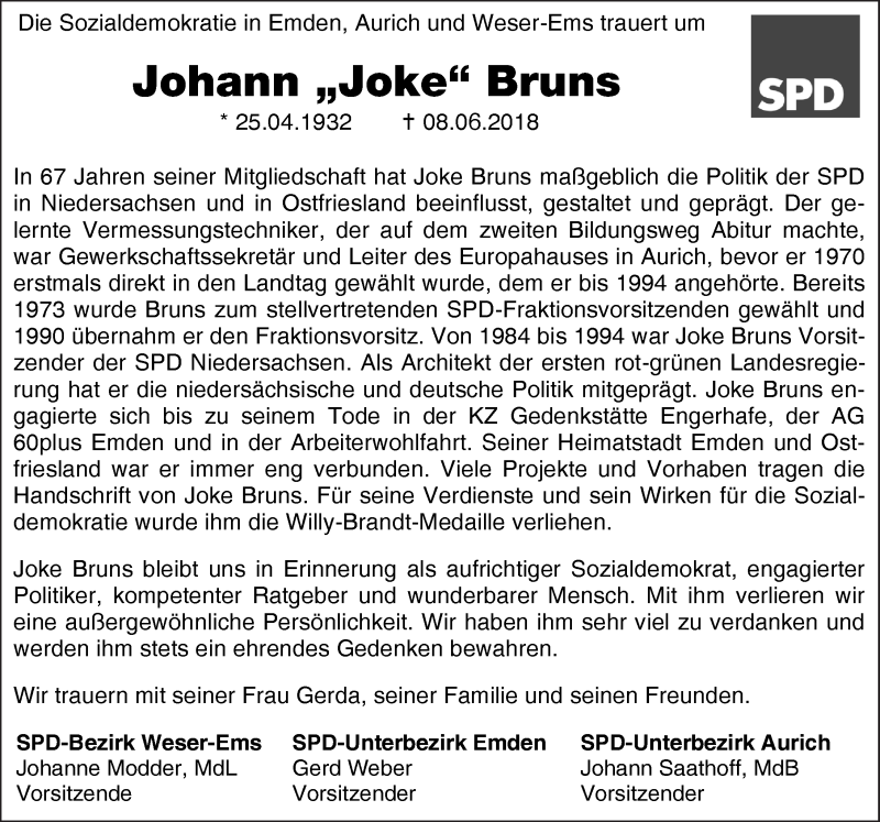  Traueranzeige für Johann Joke Bruns vom 13.06.2018 aus 