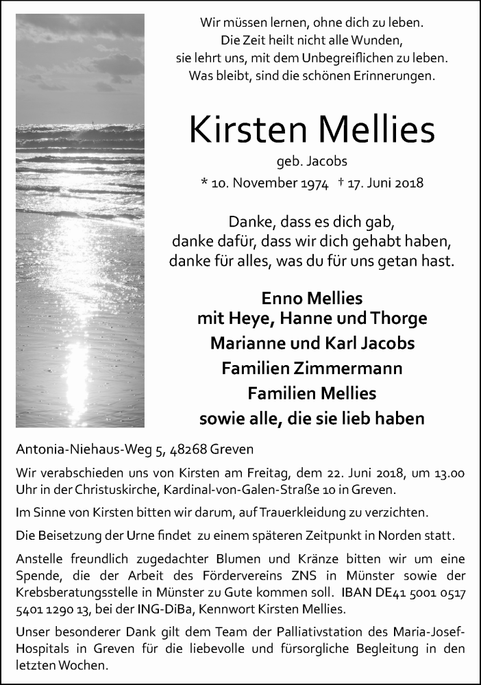  Traueranzeige für Kirsten Mellies vom 20.06.2018 aus 