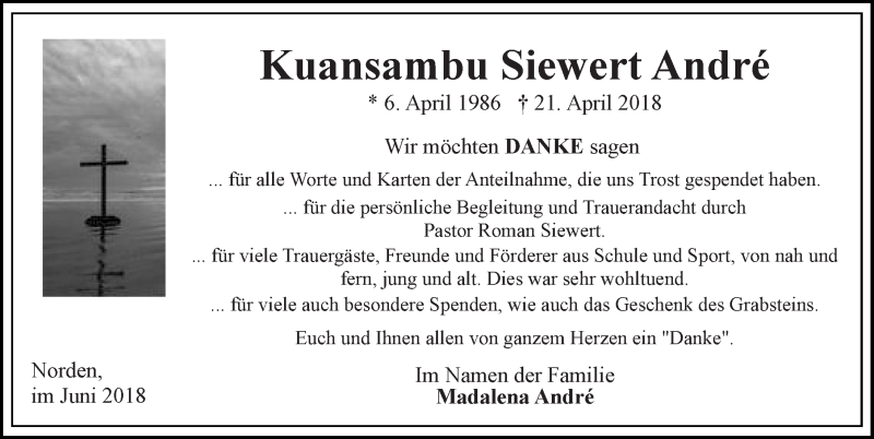  Traueranzeige für Kuansambu Siewert André vom 23.06.2018 aus 