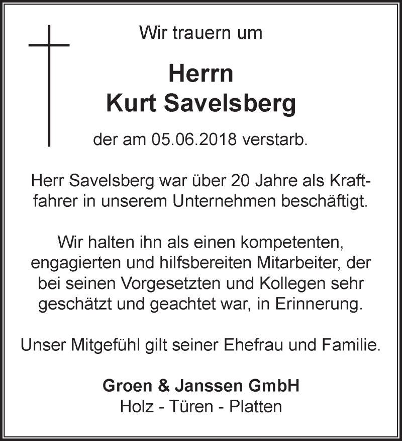  Traueranzeige für Kurt Savelsberg vom 13.06.2018 aus 