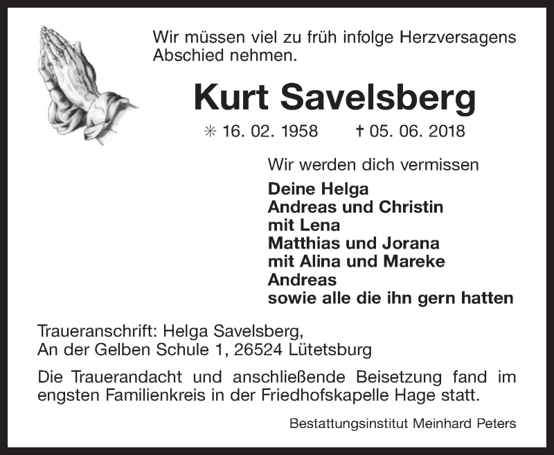  Traueranzeige für Kurt Savelsberg vom 13.06.2018 aus 