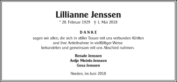 Traueranzeige von Lillianne Jenssen 