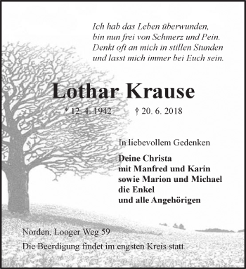 Traueranzeige von Lothar Krause 