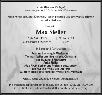 Traueranzeige von Max Steller 