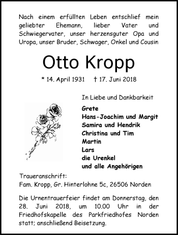 Traueranzeige von Otto Kropp 