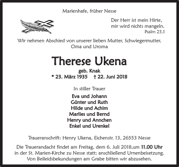 Traueranzeige von Therese Ukena 