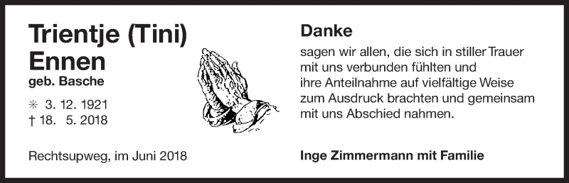  Traueranzeige für Trientje Ennen vom 16.06.2018 aus 