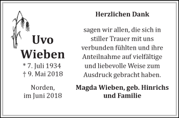 Traueranzeige von Uvo Wieben 