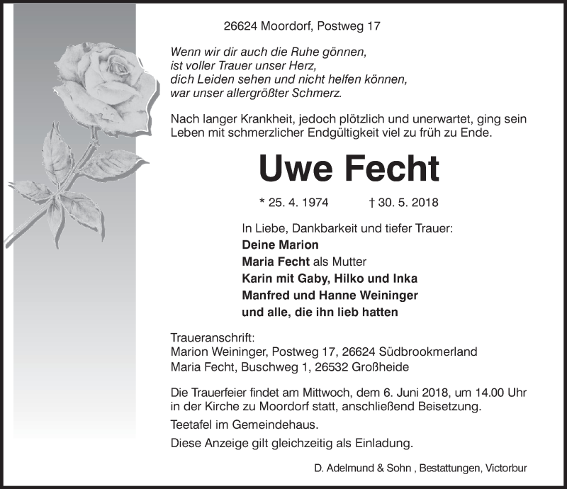  Traueranzeige für Uwe Fecht vom 01.06.2018 aus 