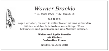 Traueranzeige von Warner Bracklo 