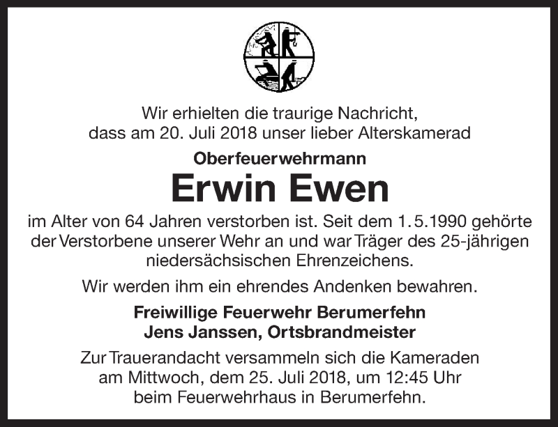  Traueranzeige für Erwin Ewen vom 21.07.2018 aus 