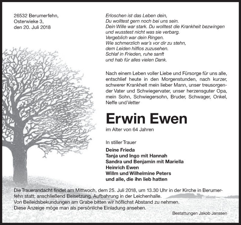  Traueranzeige für Erwin Ewen vom 21.07.2018 aus 