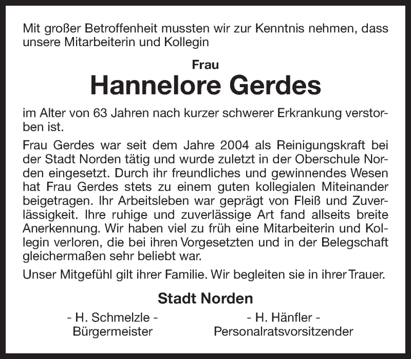  Traueranzeige für Hannelore Gerdes vom 04.07.2018 aus 