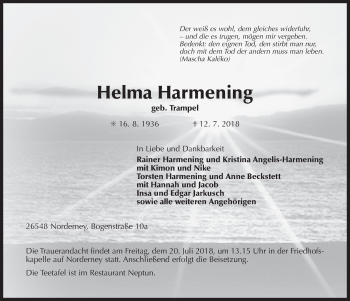 Traueranzeige von Helma Harmening 