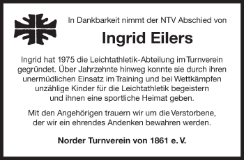 Traueranzeige von Ingrid Eilers 