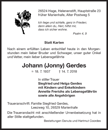 Traueranzeige von Johann Gerdes 