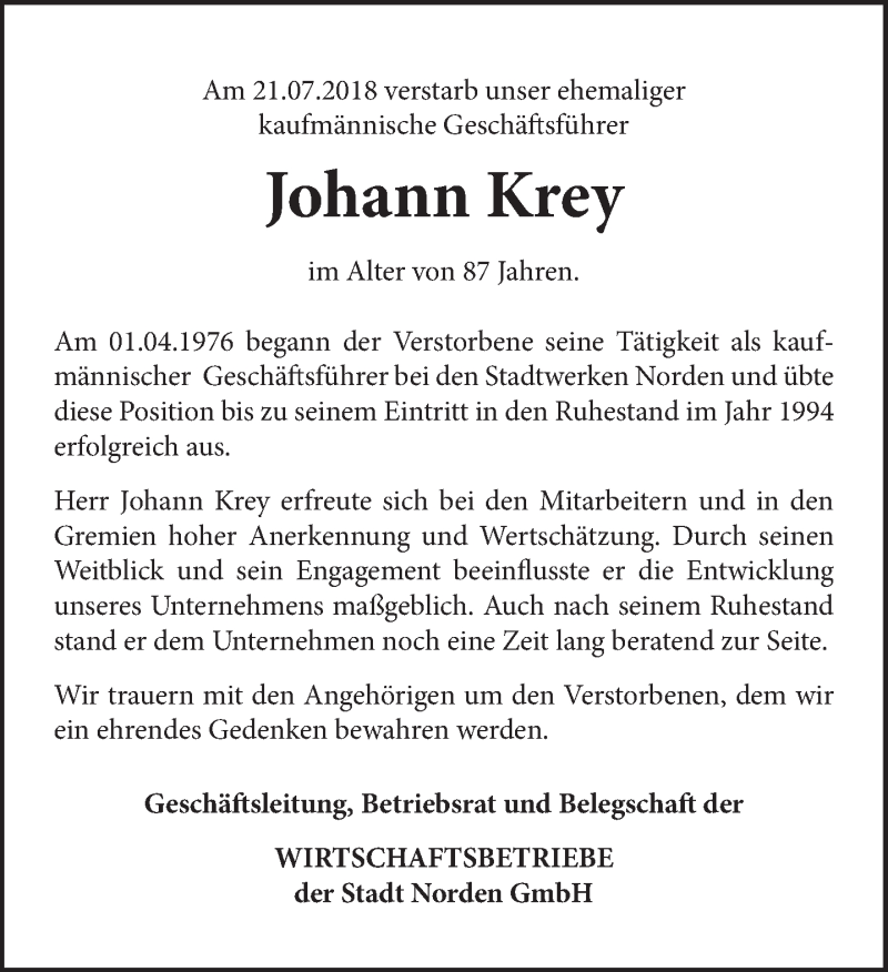  Traueranzeige für Johann Krey vom 24.07.2018 aus Ostfrisischer Kurier