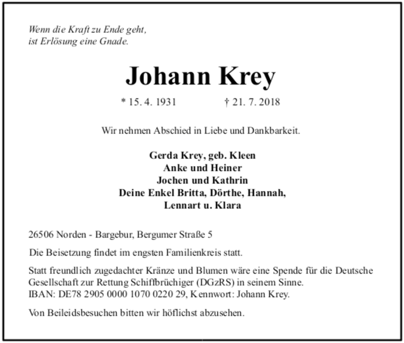  Traueranzeige für Johann Krey vom 23.07.2018 aus Ostfrisischer Kurier