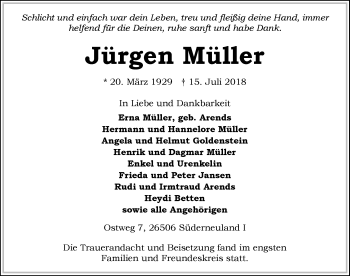 Traueranzeige von Jürgen Müller 