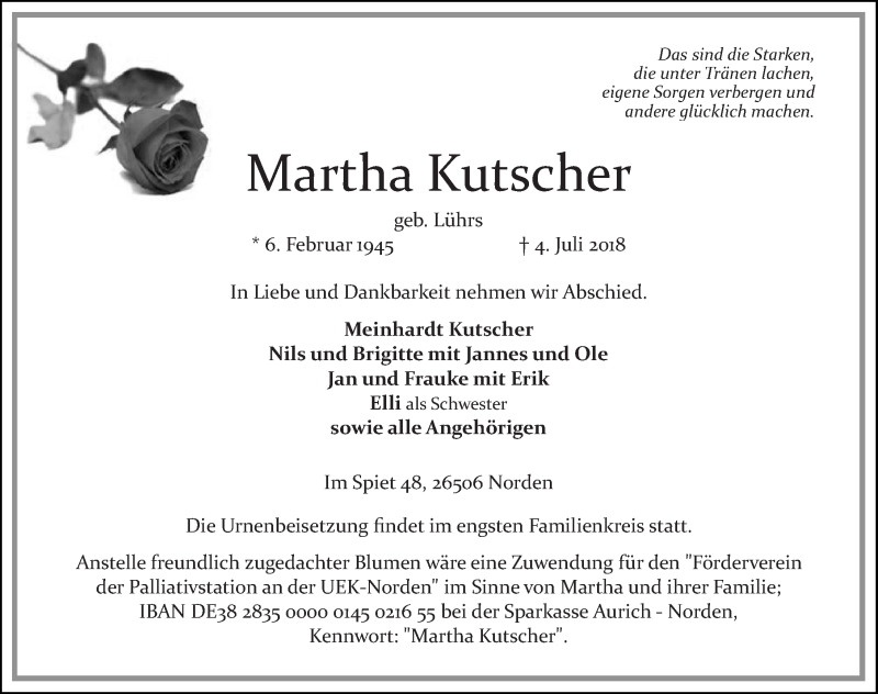  Traueranzeige für Martha Kutscher vom 05.07.2018 aus 