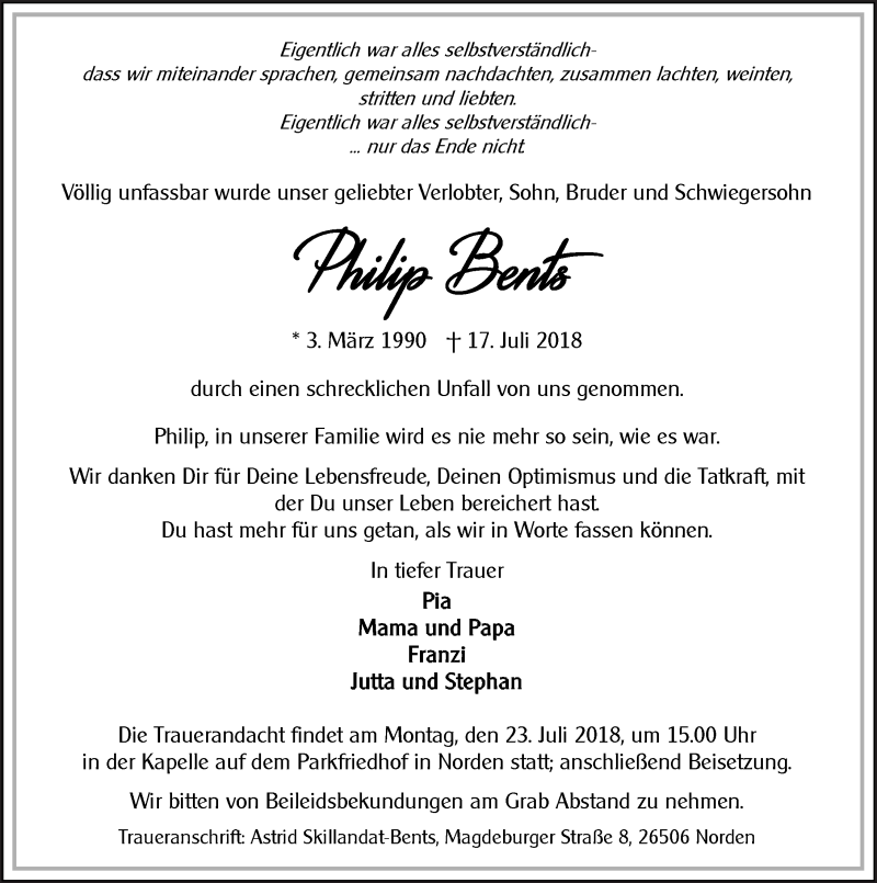  Traueranzeige für Philip Bents vom 19.07.2018 aus 