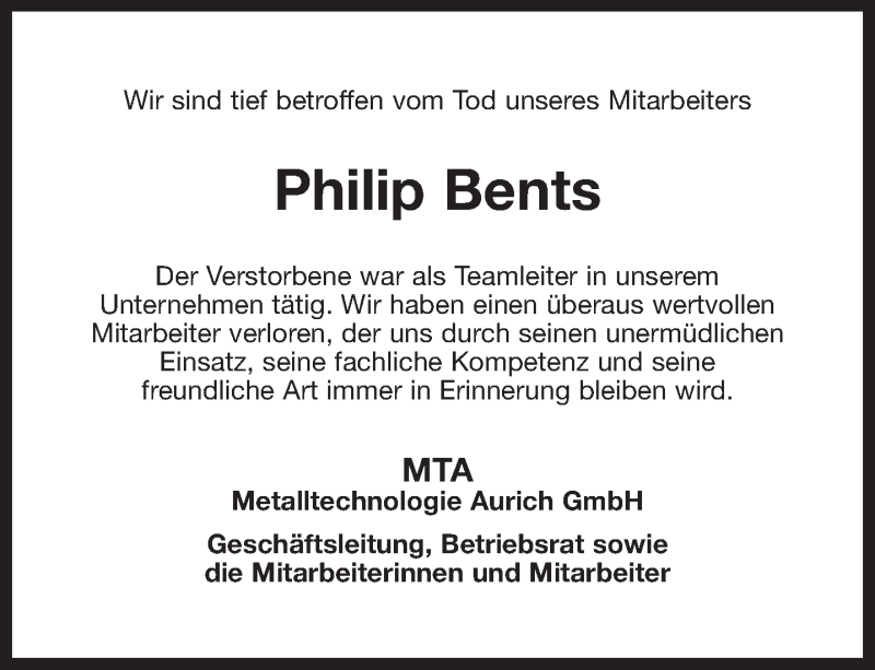  Traueranzeige für Philip Bents vom 21.07.2018 aus 