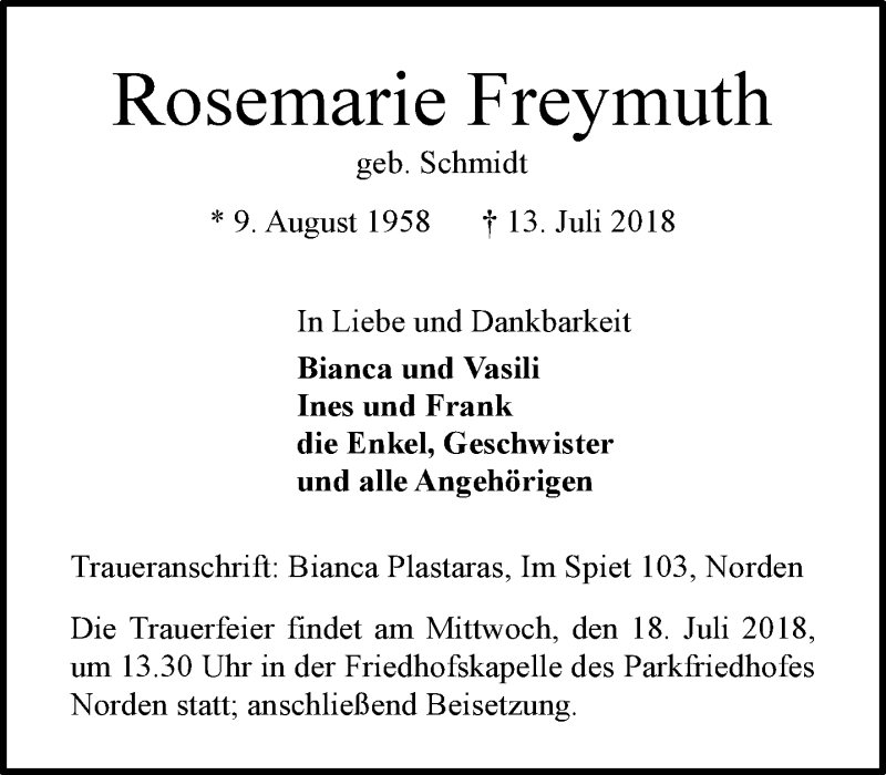  Traueranzeige für Rosemarie Freymuth vom 17.07.2018 aus 