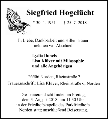 Traueranzeige von Siegfried Hogelücht 