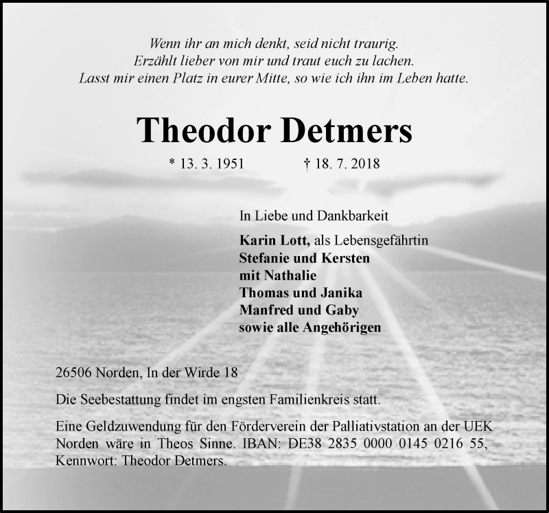  Traueranzeige für Theodor Detmers vom 21.07.2018 aus 