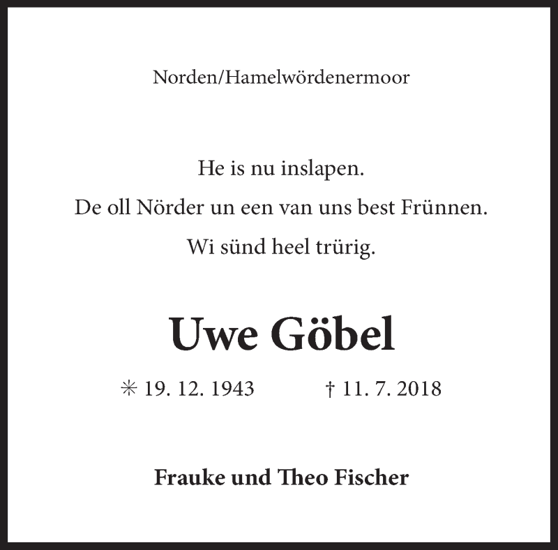  Traueranzeige für Uwe Göbel vom 14.07.2018 aus 