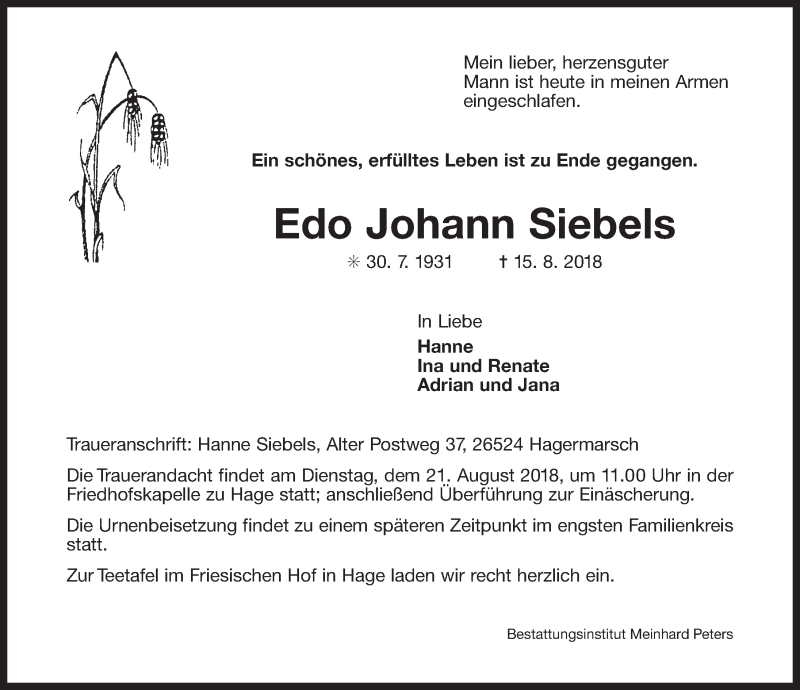  Traueranzeige für Edo Johann Siebels vom 17.08.2018 aus 