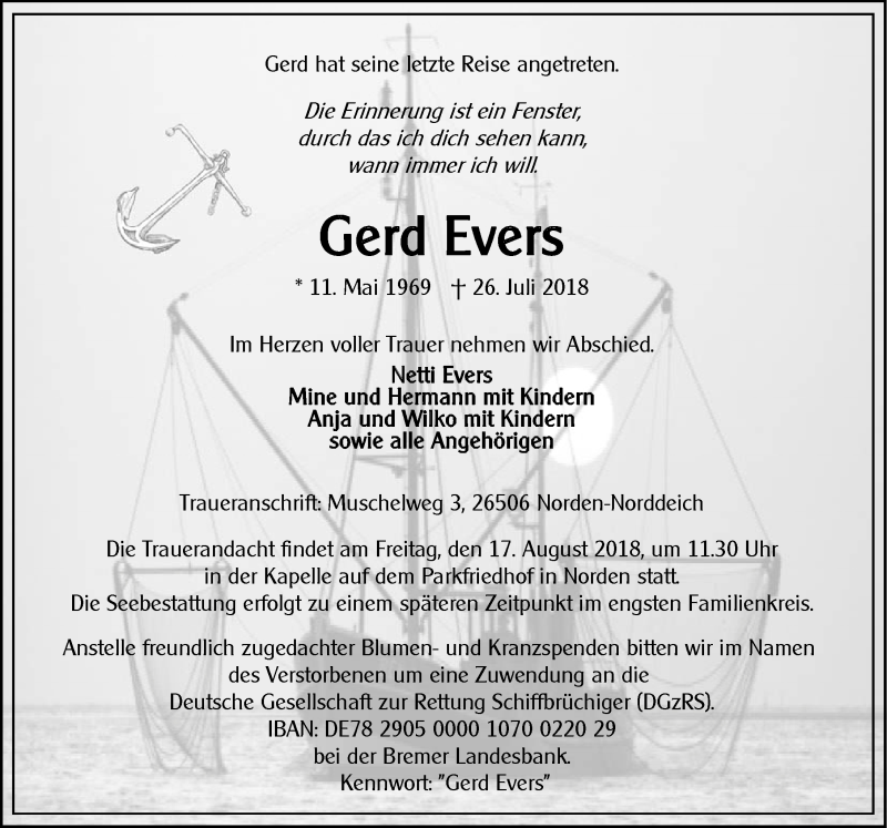  Traueranzeige für Gerd Evers vom 11.08.2018 aus 