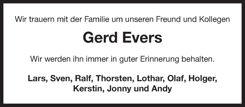  Traueranzeige für Gerd Evers vom 13.08.2018 aus 