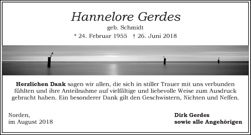  Traueranzeige für Hannelore Gerdes vom 11.08.2018 aus 